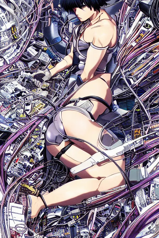 Prompt: hyper coherent motoko kusanagi kneeling on a white in style of masamune shirow, empty floor, with a mess of wires and cables coming out of her head and backside, by Yukito Kishiro and katsuhiro otomo, illustration, cyberpunk, hyper-detailed, colorful, complex, intricate, masterpiece, epic