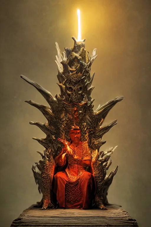 Image similar to 0 a dragon king sits on a throne by greg rutkowski magic realism hyper realistic 2 0 0 mm lens candlelight