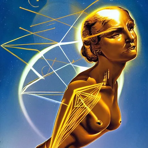 Prompt: a golden woman 2/3 portrait, in space, head breaking apart and spiraling geometry into the sky upwards, 3 point perspective, lazer beaming down to top of her head, by james jean, by frank frazetta, by roger dean, by syd mead