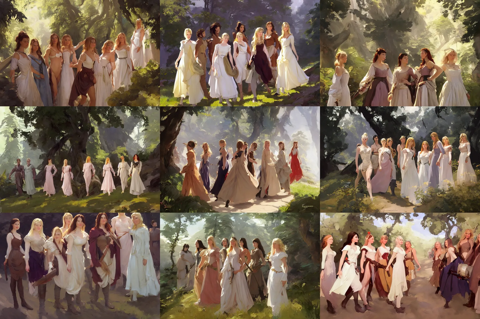 Prompt: group of finnish norwegian swedish scandinavian attractive glamour models wearing 1 7 th century bodice with low neckline walking in rivendell in a sunny day, jodhpurs greg manchess painting by sargent and leyendecker, studio ghibli fantasy medium shot asymmetrical intricate elegant matte painting illustration hearthstone, by greg rutkowski by greg tocchini by james gilleard