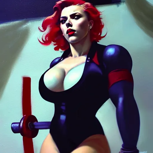 Image similar to greg manchess portrait of scarlett johansson as thick very muscular gothic weightlifter zarya from overwatch with short red hair and black lipstick, fantasy medium shot, asymmetrical, profile picture, organic painting, sunny day, matte painting, bold shapes, hard edges, street art, trending on artstation, by huang guangjian and gil elvgren and sachin teng