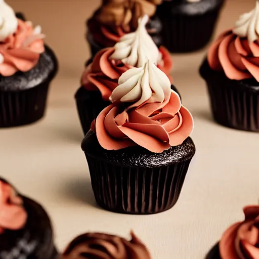 Prompt: extremely delicious looking photo of cupcake, expensive restaurant top quality product, most perfect chocolate on the world, small manufacture, unique style, 8 k, product photography, professional studio photography