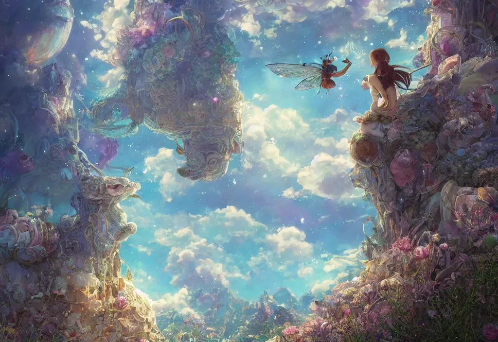 Image similar to the beautiful hyper detailed scene render lonely single beautiful huge rat confronts huge iridescent dragonfly alone in fairyland surrounded by white clouds, in the style of makoto shinkai victo ngai and peter mohrbacher studio ghibli artgerm karol bak beeple, cinematic, beautiful face, psychedelic, animation style, 8 k hd, ultra wide angle