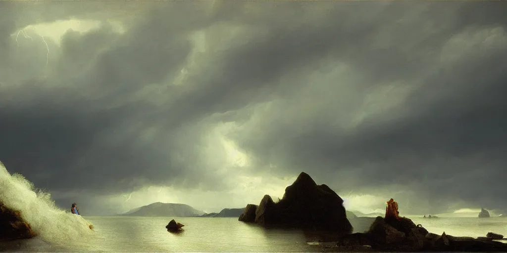 Image similar to a princess, big monster on the horizon, snowy fjord, storm clouds, dramatic lighting, hudson river school, afternoon