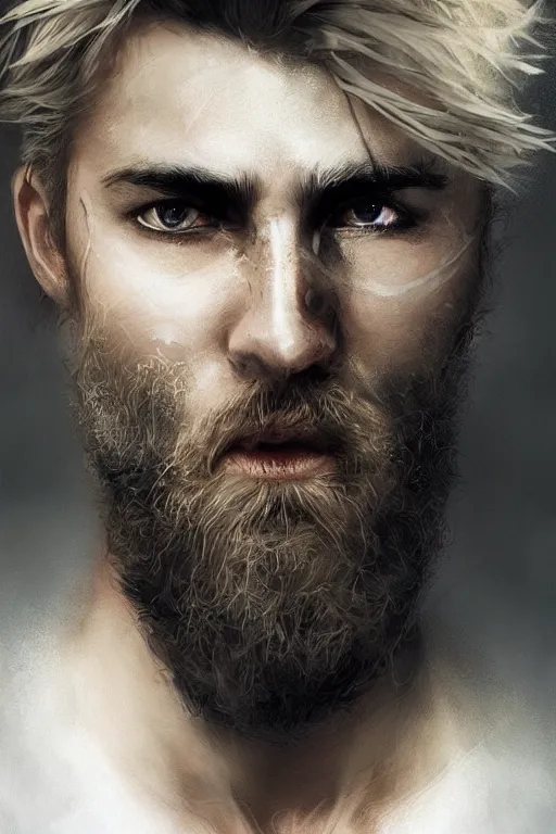 Image similar to blonde wild hair beard man, black eye - patch, close - up portrait, plain white tshirt, powerfull, intricate, elegant, volumetric lighting, scenery, digital painting, highly detailed, artstation, sharp focus, illustration, concept art, ruan jia, steve mccurry