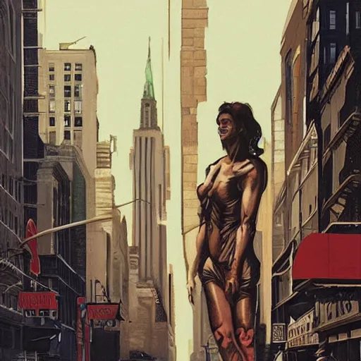 Prompt: detailed aliens walking on the streets painting of vintage new york, old cmputers on the sidewalk, celestial ephemeral ornaments and greek architecture, artstation, joshua middleton, caravaggio, norm rockwell, cinematic