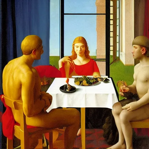 Prompt: a dinner fit for a king by Raphael, Hopper, and Rene Magritte. detailed, romantic, enchanting, trending on artstation.