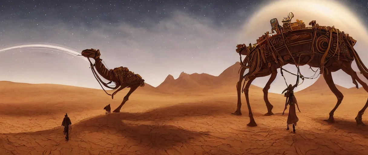 Image similar to a beautiful illustration of a winding wooden structure on the back of a giant alien camel traveling an expansive desert with a ringed planet on the horizon in the style of Rob Lefield and Ralph McQuarrie, Daniel Merriam :.1, trending on artstation, digital art, third person perspective, wide angle, establishing shot