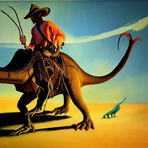 Image similar to a painting of a cowboy riding a dinosaur in the style of n. c. wyeth.