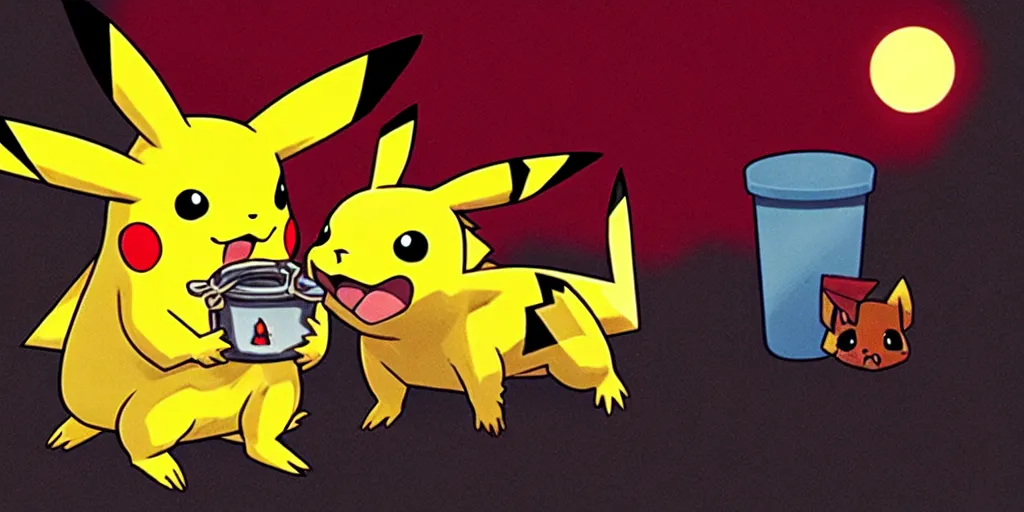 Image similar to pikachu devouring a dog, sharp teeth burtal eyes scary mouth dark room red candles trash bin