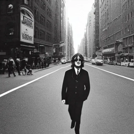 Image similar to John Lennon walking down a street in new York, hyper realistic, HD, HQ, photo realistic