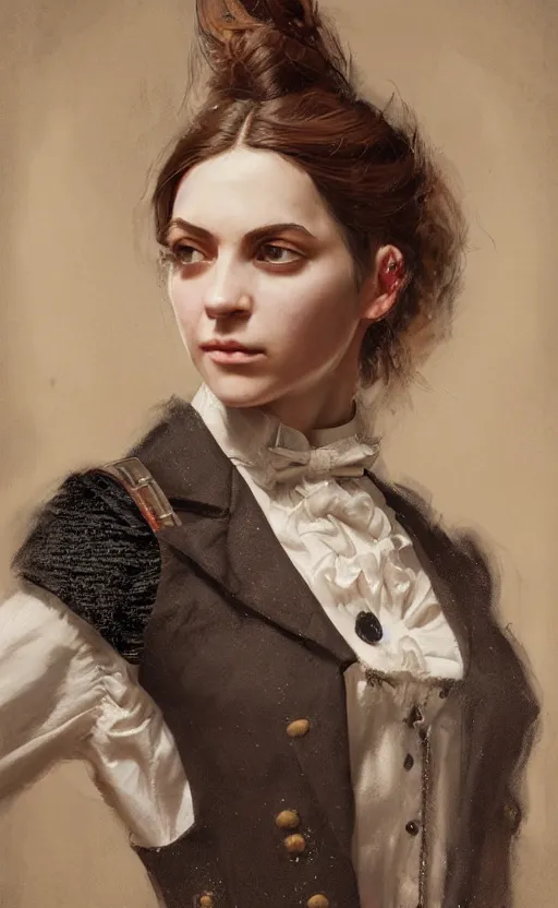 Image similar to Portrait of a victorian catgirl wearing a waistcoat, female, detailed face, victorian, highly detailed, cinematic lighting, digital art painting by greg rutkowski