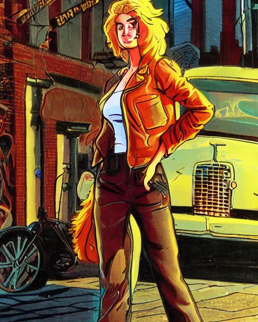 Image similar to young female protagonist in leather jacket, city street, artwork by ralph bakshi