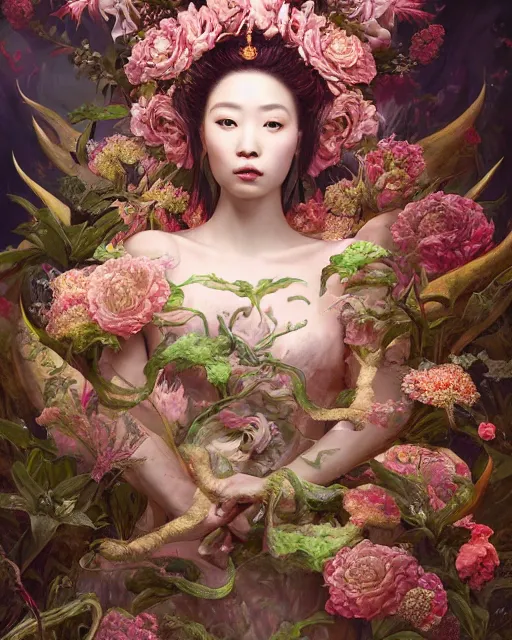 Image similar to portrait of the chinese queen of the underworld, surrounded by flowers by karol bak, james jean, tom bagshaw, rococo, sharp focus, trending on artstation, cinematic lighting, hyper realism, octane render, 8 k, hyper detailed.