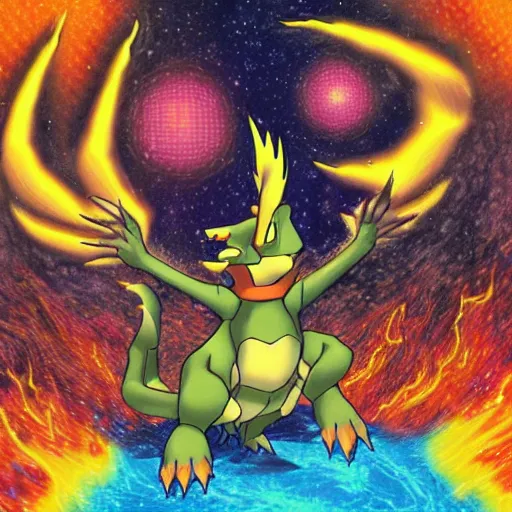 Image similar to charizard observes the space - time continuum on heroic dose of psilocybin in various realities