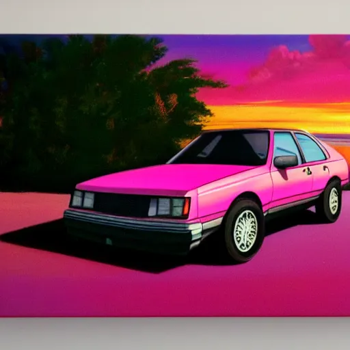 Image similar to an old 1 9 8 0 s car parked off the road, pink sunset, ocean in distance, oil painting, pale colors, high detail, 8 k, wide angle, trending on artstation,