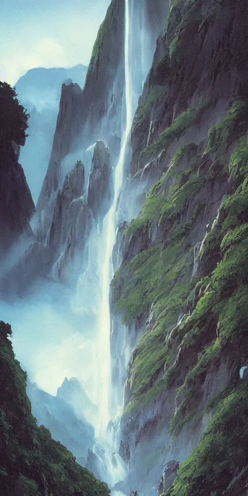 Image similar to an impressive waterfall on the side of a huge mountain, moody, mist, highly detailed, by vincent di fate nausicaa and ghibli