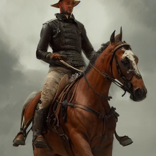 Prompt: portrait of a man riding a horse, elegant, highly detailed, oil painting, artstation, concept art, matte, sharp focus, illustration