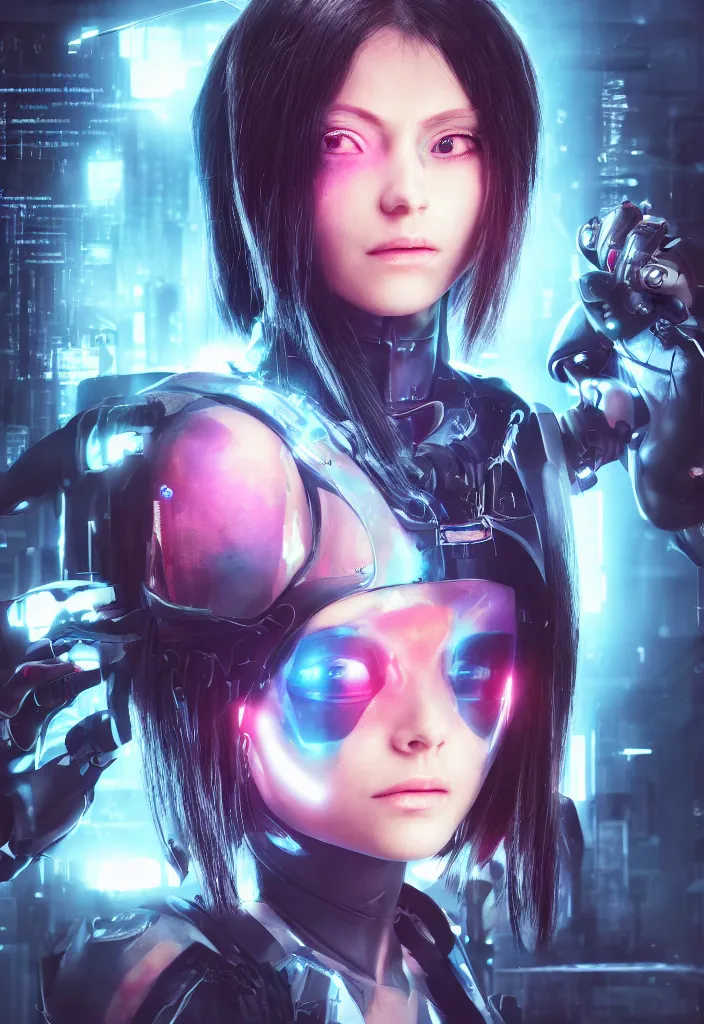 Image similar to cyberpunk hacker girl portrait, highly detailed, alita, studio lighting, neon backlit, 8 k