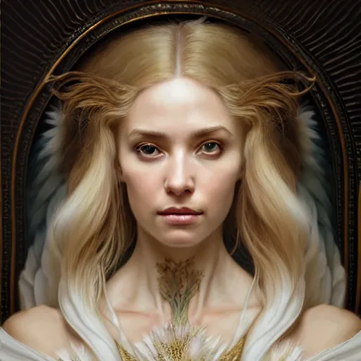 Image similar to portrait painting of a beautiful blonde woman with a kind face wearing a feathered cloak and a fancy silk white dress, ultra realistic, concept art, intricate details, eerie, highly detailed, photorealistic, octane render, 8 k, unreal engine. art by artgerm and greg rutkowski and charlie bowater and magali villeneuve and alphonse mucha