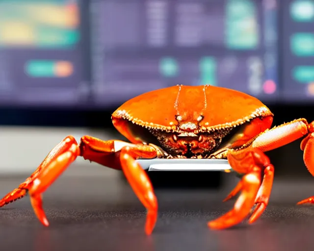 Prompt: A crab sitting in front of a computer, code on the screen