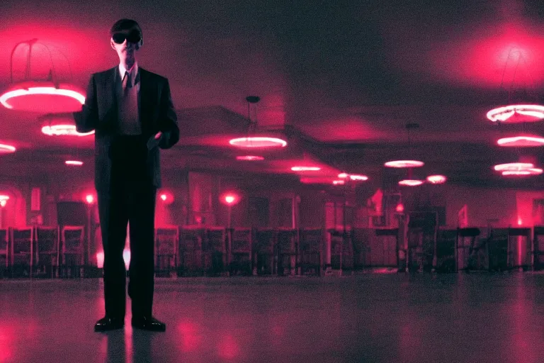 Prompt: a slender handsome man with rounded sunglasses, standing at the podium of a dark conference hall, surrounded by fans, atmospheric and obscure, red neon light, by roger deakins, cinematography, syd mead