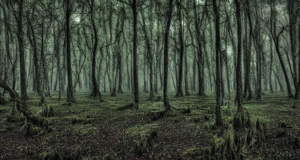 Prompt: A dense and dark enchanted forest with a swamp, by 500px