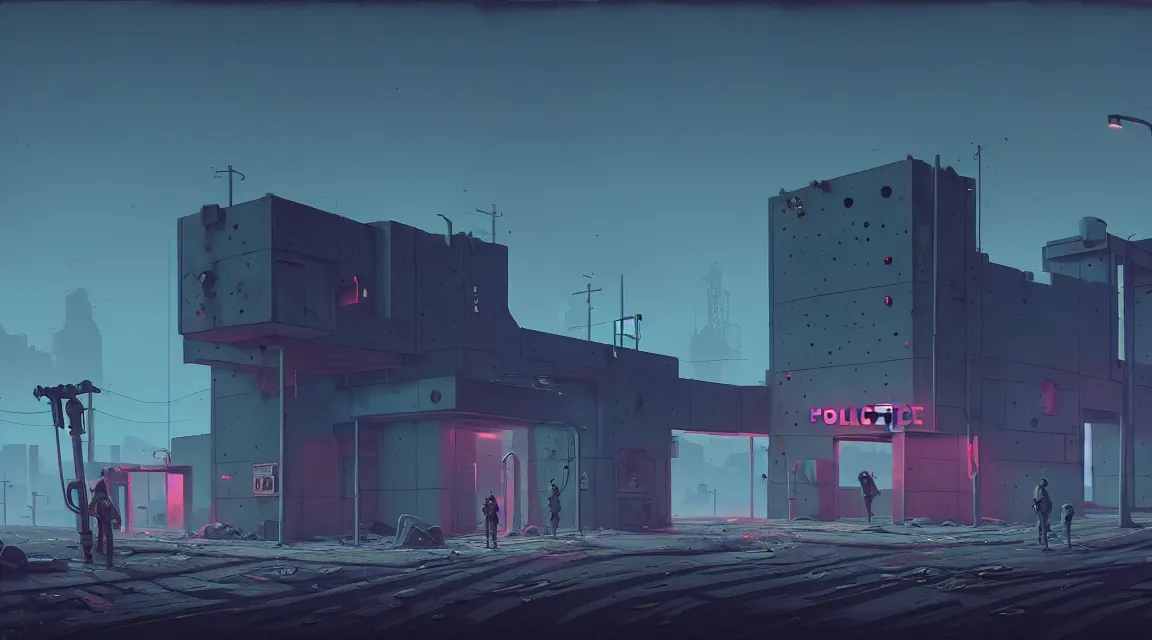 Image similar to post - apocalyptic police station, concrete building, paved roads, by simon stalenhag, highly detailed photography, trending on artstation, hyperrealistic, human silhouettes, cyberpunk, environment artist, dystopian, science fiction, synthwave neon retro