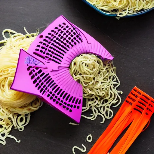 Prompt: the fan sucks noodles onto the blades