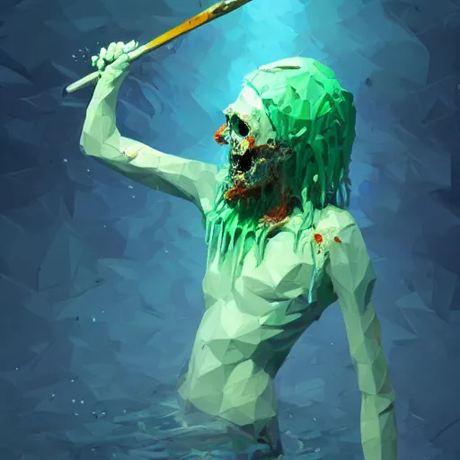 Image similar to low poly painting by greg rutkowski of a drowned zombie holding a trident with glowing cyan eyes, wearing ragged clothing, holding a trident, underwater, pastel green and blue color palette