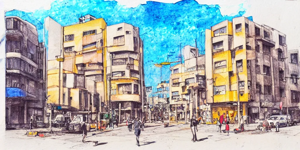 Image similar to street artists. painting of rounded bauhaus buildings in a junction in tel aviv. highly detailed. pen drawing painted with watercolors. colorful