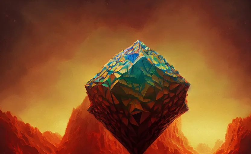 Image similar to a painting of a sierpinski icosahedron trending on artstation in the style of greg rutkowski, 3 d, fractal, 4 d, endless, rainbow, geometric