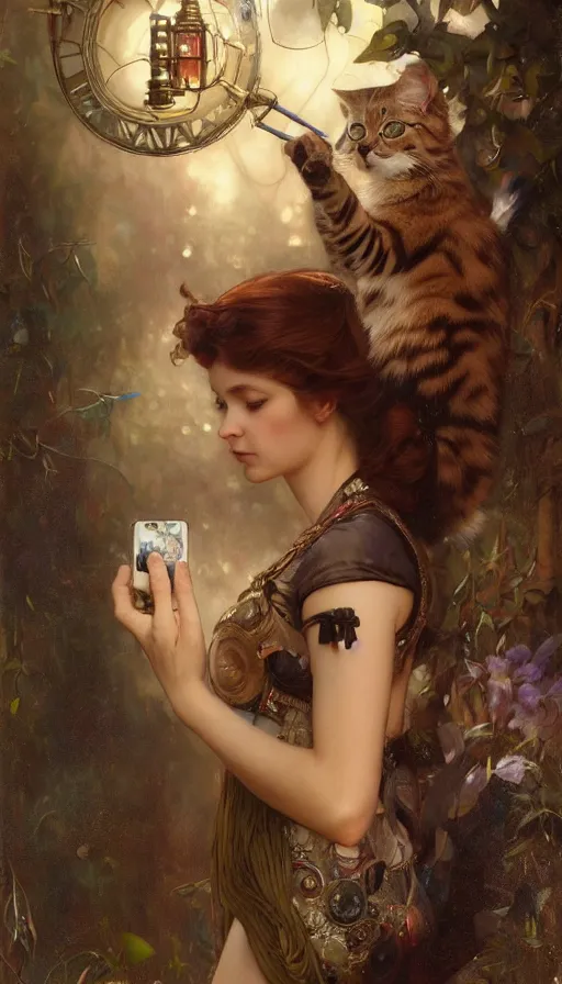 Prompt: hyper realistic photographer taking a picture of a cat, magical, steampunk, painted by tom bagshaw, mucha, gaston bussiere, craig mullins, j. c. leyendecker 8 k