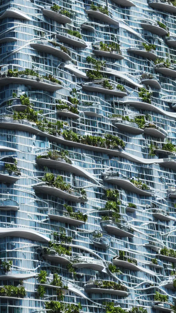 Prompt: ultrarealistic photo of a sustainable futuristic building in a urban setting. the close - up photo of the building has many deep and tall balconies. thin random columns and large windows. intense color fabric and plants hang from balconies. greeble articulated details with plants. sharp focus. 8 k