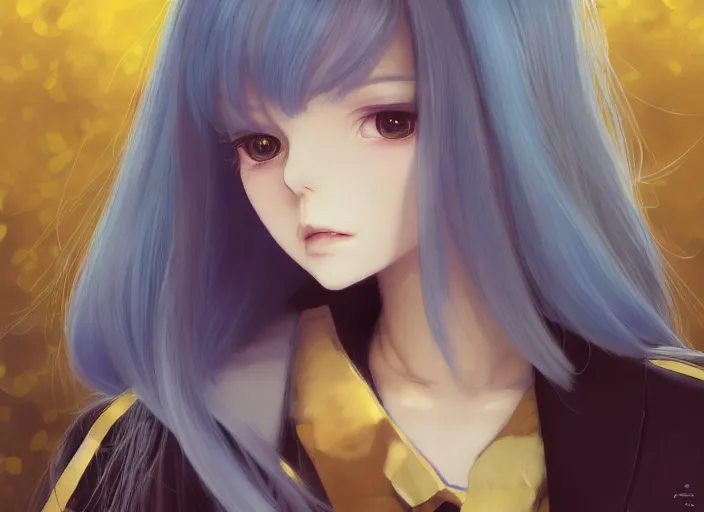 Image similar to androgynous girl with sky blue straight hair, bangs, amber eyes, gold eyes, wearing a black jacket, high collar, ultra detailed, concept art, award winning photography, digital painting, cinematic, by wlop, anime key visual, closeup, pixiv, happy, yoshitaka amano, ilya kuvshinov,