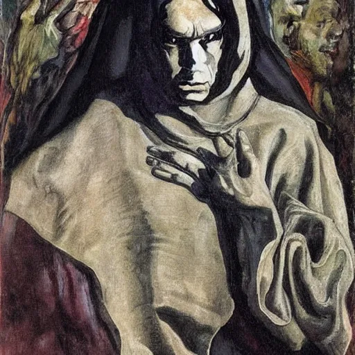 Prompt: comics sandmanin a cloak by Neil Gaiman, in style The Demon Seated, by Mikhail Vrubel, oil painting, art gallery, art museum, small details, whole-length, hyperrealism, black cloak, very detailed face, very detailed torso,