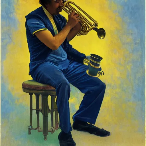 Prompt: man sitting in a yellow costume with a yellow hat holding a saxophone, smoking a cigarette, blue skin, blue smoke, dark background, realistic painting, artwork, meditative, alphonse mucha
