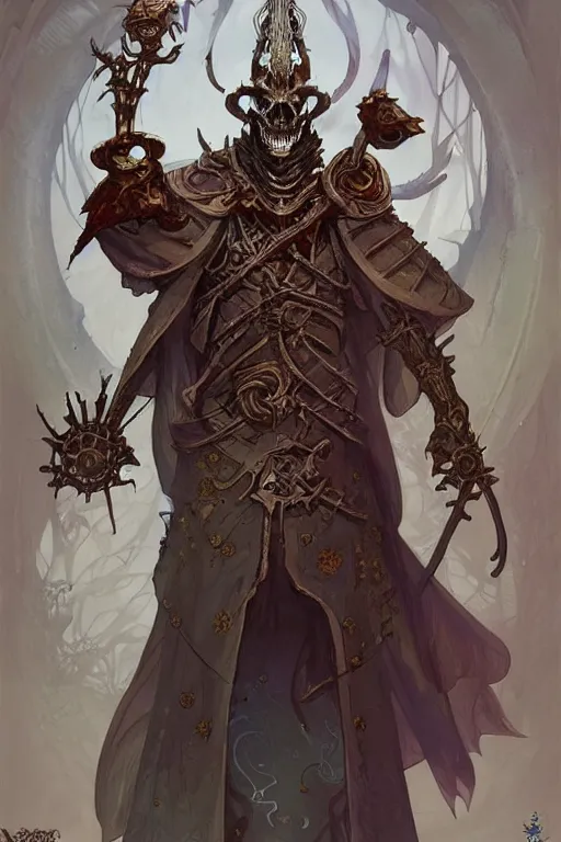 Image similar to archmage skeleton with a medival armour and antique silk robes inspired by peter mohrbacher, D&D, face, fantasy, intricate, elegant, highly detailed, digital painting, artstation, concept art, smooth, sharp focus, illustration, art by artgerm and greg rutkowski and alphonse mucha