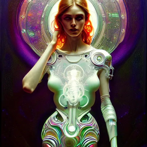 Image similar to psychedelic organic cyborg, white holographic plastic, dramatic lighting, fantasy, intricate, elegant, highly detailed, lifelike, photorealistic, digital painting, artstation, illustration, smooth, sharp focus, art by john collier and albert aublet and krenz cushart and artem demura and alphonse mucha