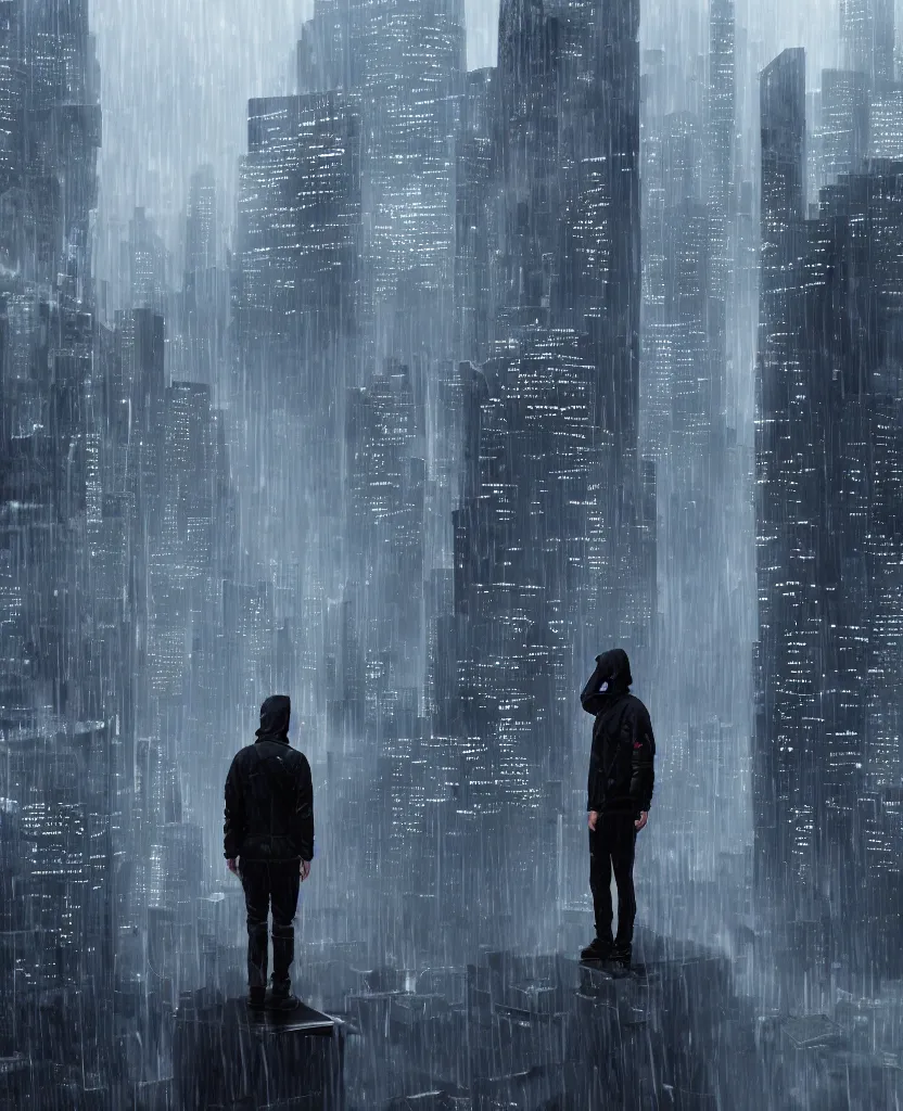 Prompt: mystic guy in techwear standing on roof of futuristic city, cyberpung, cinematic, rain