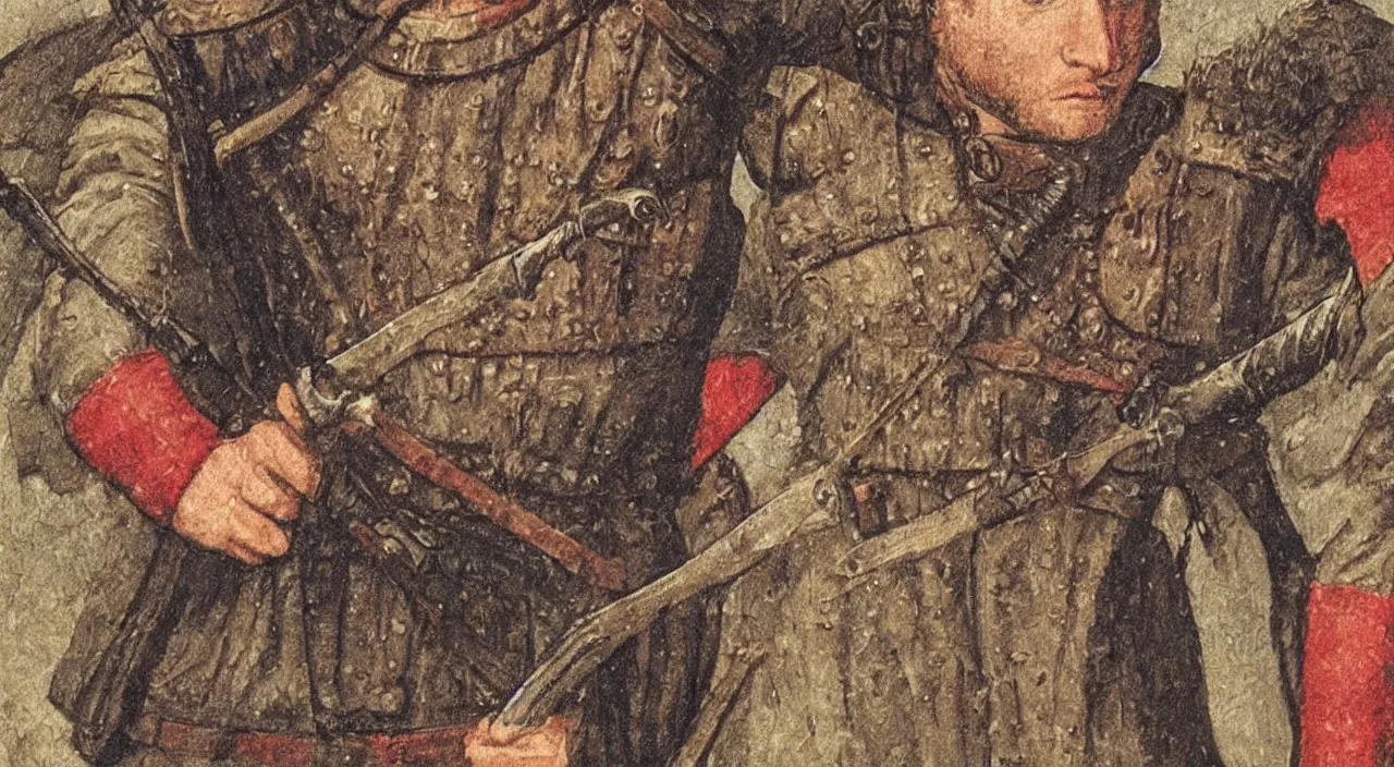 Prompt: close up of a medieval commander in his mid twenties with short brown hair, sword drawn, battlefield