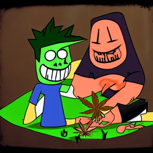 Image similar to billy and mandy rolling a cannabis joint with grim