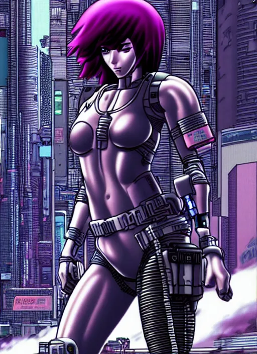 Image similar to motoko kusanagi riding a tank in a grungy cyberpunk megacity, intricate and finely detailed, cyberpunk vaporwave, portrait by j scott campbell, phil jimenez, ilya kuvshinov