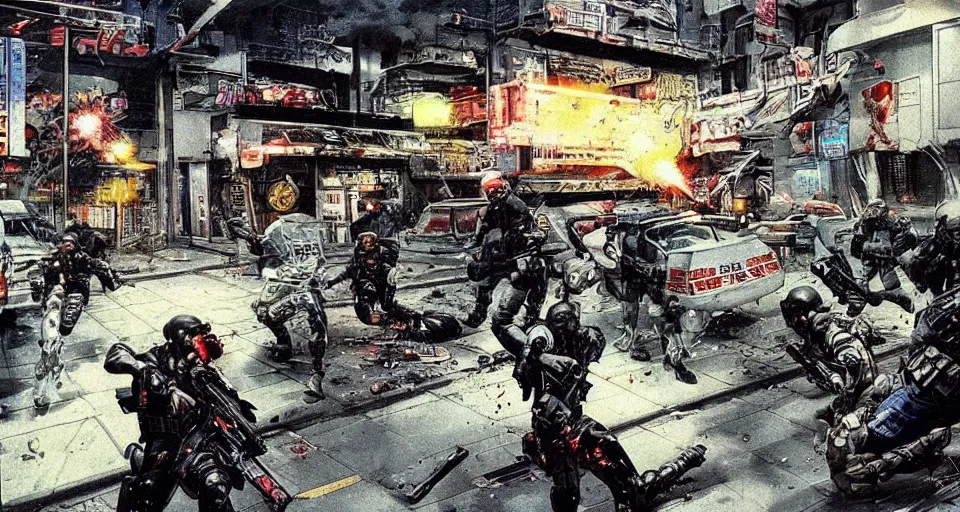 Image similar to 1987 Video Game Concept Art for Neo-tokyo Cyborg bank robbers vs police, Set inside of Office, Multiplayer set-piece Ambush, Tactical Squads :10, Police officers under heavy fire, Suppressive fire, Pinned down, Destructible Environments, Gunshots, Headshot, Bullet Holes and Anime Blood Splatter, :10 Gas Grenades, Riot Shields, MP5, AK45, MP7, P90, Chaos, Anime Machine Gun Fire, Gunplay, Shootout, :14 FLCL + Akira, Cel-Shaded:15, Created by Katsuhiro Otomo + Studio Gainax + Trending on Artstation: 20