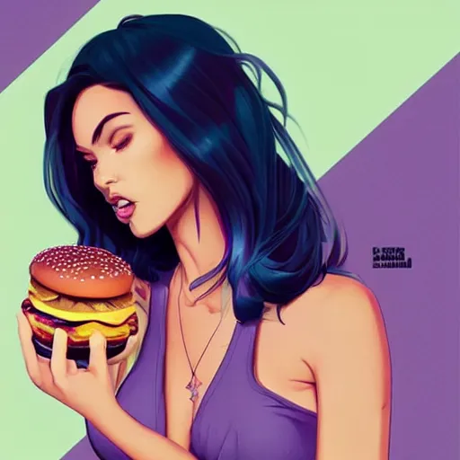 Image similar to beautiful Megan Fox purple hair tattoos eating a big mac hamburger, full body fantasy art icon, 2d art gta5 cover, dripping BBQ Sauce, serving burgers, official fanart behance hd artstation by Jesper Ejsing, by RHADS, Makoto Shinkai and Lois van baarle, ilya kuvshinov, rossdraws