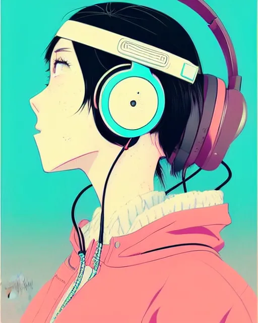 Image similar to girl wearing headphones, city background, very anime!!! anime!! intricate details, aesthetically pleasing pastel colors, poster background, art by conrad roset and ilya kuvshinov