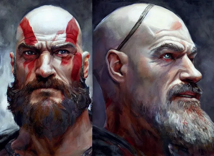 Image similar to a highly detailed beautiful portrait of bryan cranston as kratos, by gregory manchess, james gurney, james jean