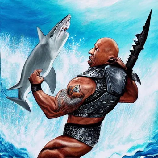 Image similar to dwayne johnson in armor fighting a shark, painted