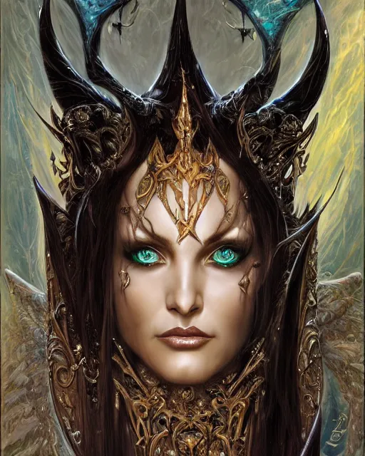 Image similar to a highly detailed airbrush painting of an evil female fantasy sorceress with piercing beautiful eyes art by karol bak and donato giancola and mark brooks, centered, full size, hires, 4 k, high resolution, sharp focus