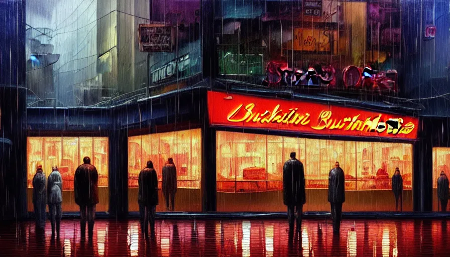 Prompt: oil painting of a neon sign storefront butcher shop, raining, busy street, cyberpunk, romantisism, outrun, synthwave, painting, detailed, by katia chausheva